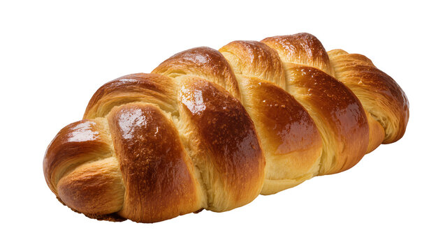 Golden brown braided challah bread with glossy crust, isolated on transparent background