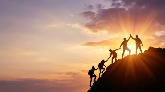 Silhouette of climbers who climbed to the top of the mountain thanks to mutual assistance and teamwork. Silhouette of business team helping each teamwork and success concept with copy space