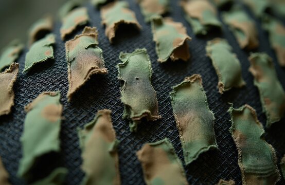 Close-up textured macro of military camouflage net. Green brown fabric strips on black mesh base. Tactical concealment material pattern for army forces. Blurry background abstract.
