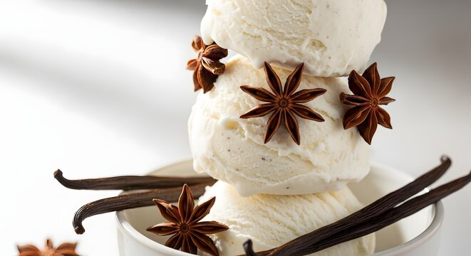 Vanilla Scoops with Star Anise
Gourmet Vanilla Ice Cream and Pods
Spiced Vanilla Dessert Stack
Vanilla Scoops Adorned with Anise
Elegant Dairy Scoop Composition
Vanilla and Spice Still Life
Creamy Sco