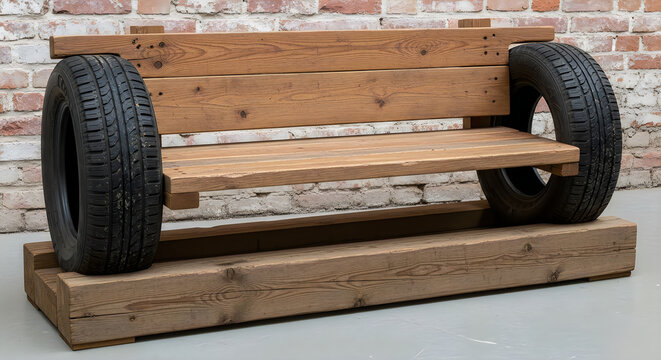 Wooden bench with black wheels on gray base illustration
