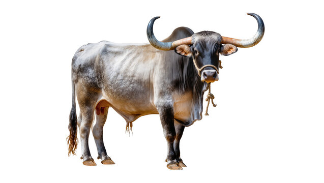 Large grey zebu bull with curved horns, isolated on transparent background