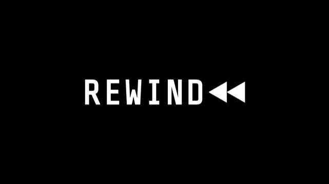 An animated Rewind text and rewind icon with retro distortion and glitch effects, featuring analog VHS style visuals