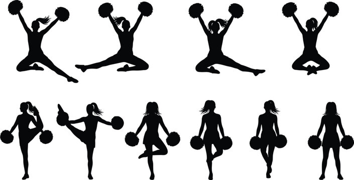 Set of cheerleaders in various poses with pom poms isolated on white background