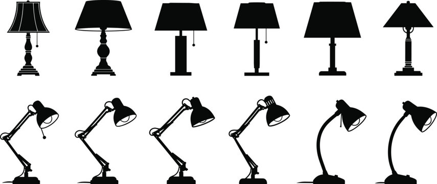 Silhouettes of various lamps and desk lamps on white background