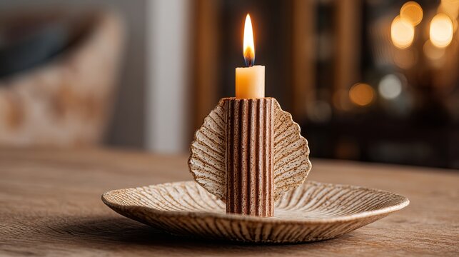 Candlestick holds a ribbed wax candle with a leaf. This modern, cozy, handmade eco-decoration shows a glowing taper with a flame.