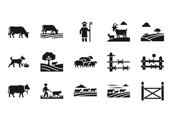 Naklejka premium 15 Farming icons cow shepherd goat fence landscape, outline solid styles, UI and web interface design