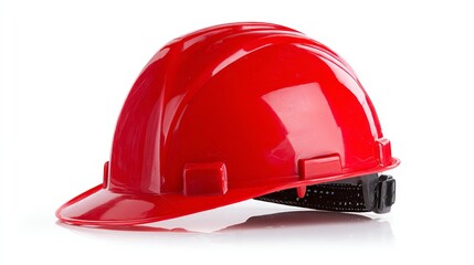 Fototapeta premium Worker's red hat sits on white background. Essential safety gear.