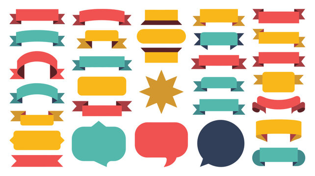 Colorful vector ribbon banners set with labels, tags, and quality badges for promotions, branding, packaging, and decorative design projects