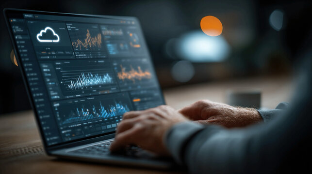 AI cloud computing and data integration concept with professional using laptop showing analytics dashboard cloud network system digital transformation and smart technology innovation