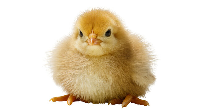 Fluffy yellow chick with orange beak, isolated on transparent background