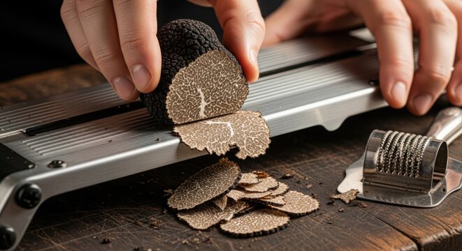 A person slices a black truffle on a mandoline with thinly cut pieces piling up on a wooden table.