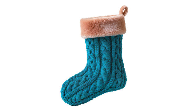 Teal cable knit Christmas stocking with plush trim, isolated on transparent background