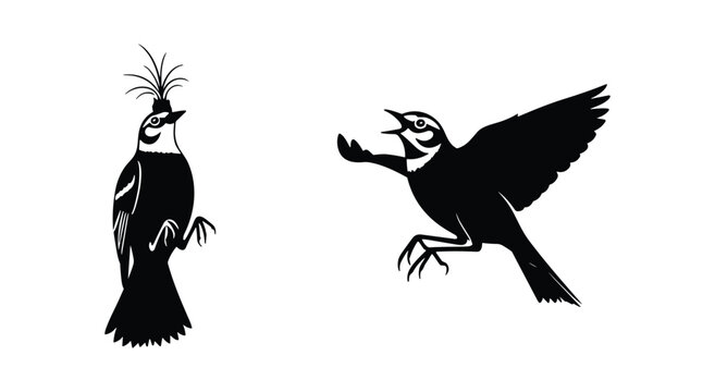 Singing Horned Lark Bird Silhouette - Tufted Songbird Vector Illustration