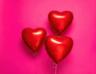 Fototapeta premium Red heart balloons on pink wall, romantic celebration decor, festive party backdrop, Valentine promotion