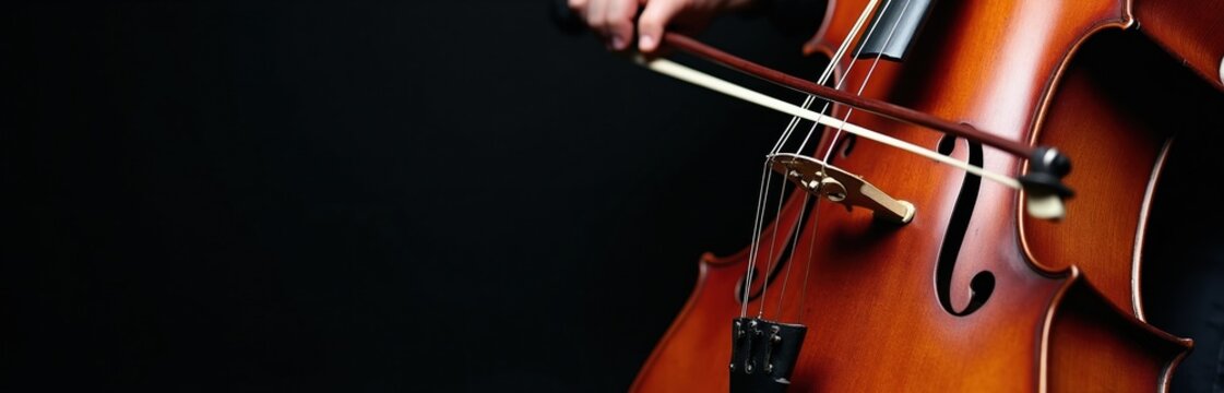 Cellist plays classical music on cello instrument. Musician uses bow on strings making melody. Orchestral performance in studio with dark background.