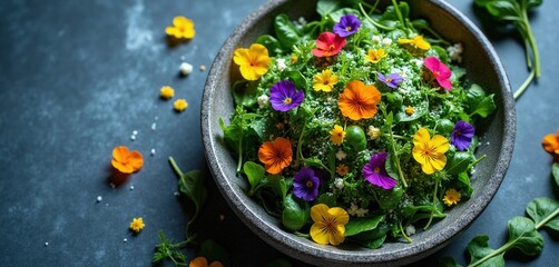Obraz premium Fresh green salad mix with colorful edible flowers served in concrete bowl on blue marble table. Top view of healthy vegetarian meal with herbs like lettuce arugula and spinach for gourmet dining.