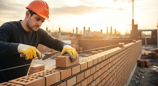 Skilled bricklayer building a masonry wall at sunset construction site, craftsmanship and dedication