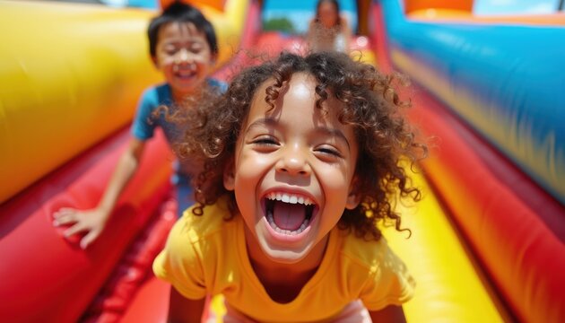 Joyful children laugh while sliding down a colorful inflatable attraction. Kids have fun with active play and exciting games on a summer day. Pure happiness and energetic childhood moments captured.