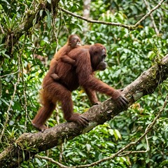 Naklejka premium Wild Orangutan Mother and Child Climbing in Tropical Rainforest