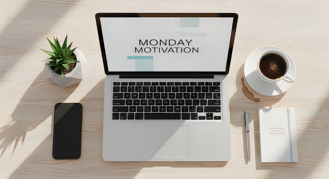 Laptop showing monday motivation text with coffee and a smartphone on a clean desk workspace