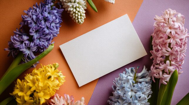 Spring hyacinths and an empty card are arranged on a colored surface, leaving room for words.