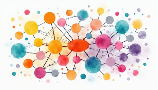Colorful interconnected nodes form a mind map structure. Arrows indicate flow and relationships between ideas. This abstract graphic represents connections, planning, and brainstorming.