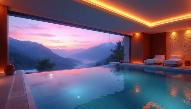 Indoor luxury hotel pool with panoramic mountain view at sunset. Serene water reflects pink sky. Lounge chairs await for peaceful relaxation and rejuvenation.