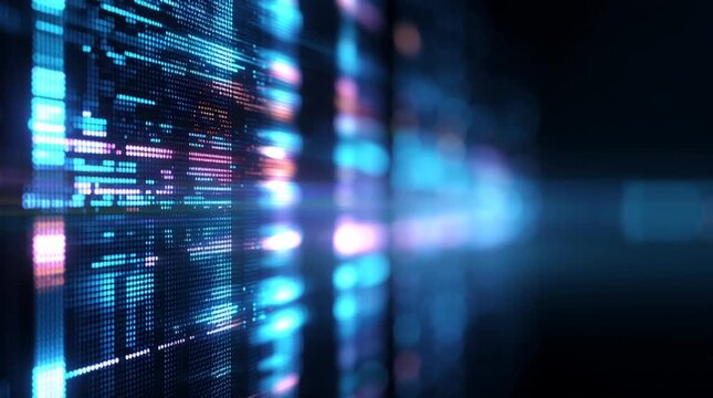 High-tech medical screen displaying blurred DNA sequencing data, soft blue ambient glow, realistic textures, with large dark area on the right for text overlay, clean and clinical aesthetic.