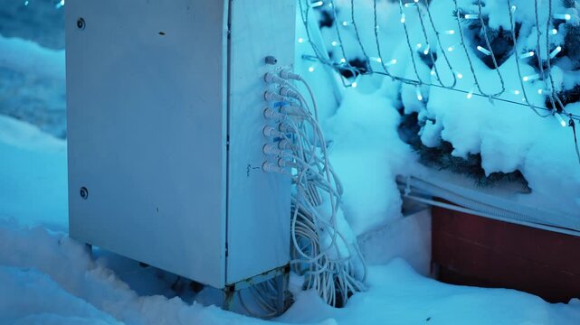 Outdoor electrical box connecting festive Christmas fairy lights in winter snow