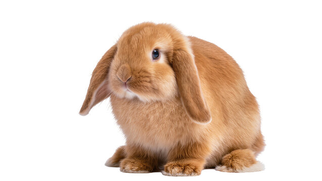 Fluffy brown lop-eared rabbit sitting, isolated on transparent background