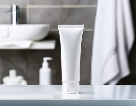 mock up for promotional with a white cosmetic tube without label placed on white bathroom table in back is some bathroom stocks like tub and cabinet empty space for advertising and adding text