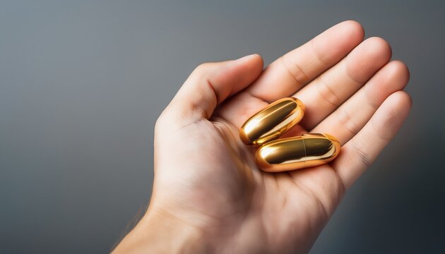 business healthcare sector a hand holding two gold capsules against a gray background