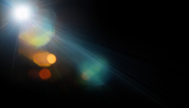 easy to add lens flare effects for overlay designs or screen blending mode to make high quality images abstract sun burst digital flare iridescent glare over black background defocused bokeh