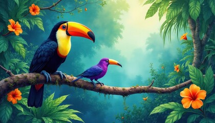 Obraz premium Two toucans sit on a tree branch in a vibrant tropical rainforest. Rich green foliage and bright orange flowers surround the birds. The scene has a dreamy, misty atmosphere with soft lighting.