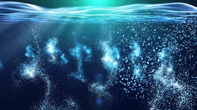Abstract blue particle runners silhouettes in deep underwater environment