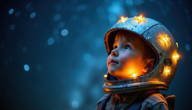 Child wears space helmet adorned with glowing stars, looking up with wonder at the night sky. Youngster dreams of future adventures in outer space exploration.
