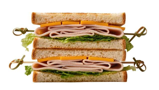 Tall stacked turkey and cheese sandwich with lettuce secured by skewers, isolated on transparent background