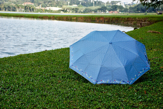 Sombrinha azul no gramado do parque