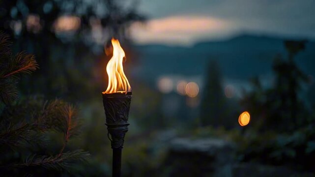 Burning Torch with Bright Flames in the Dark