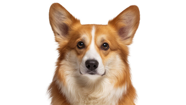 Pembroke Welsh Corgi dog face with alert ears, isolated on transparent background