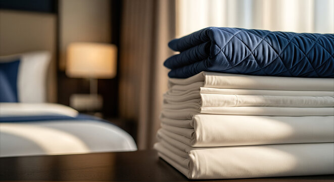 Stack of clean, folded hotel bed linens and navy quilt on a table with soft backlight, evoking luxury and comfort.