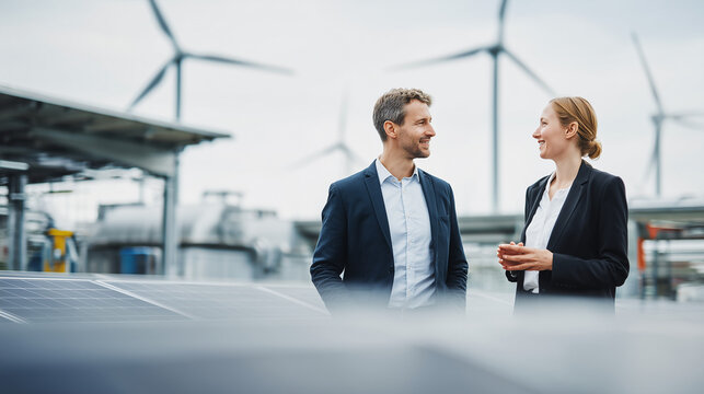 Business professionals discussing renewable energy solutions near wind turbines, representing sustainability and clean energy.