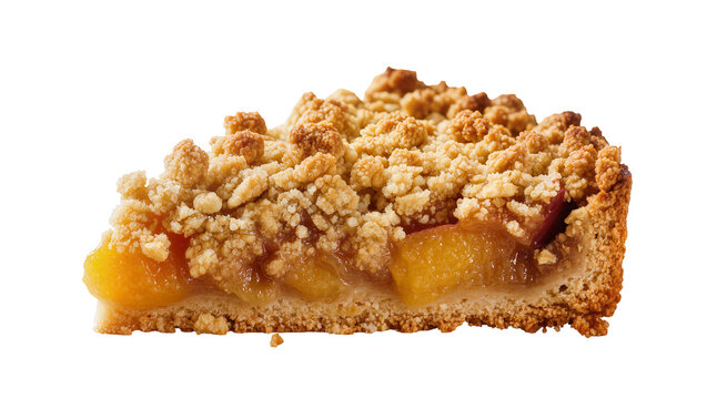 Golden brown peach crumble pie slice with crumb topping, isolated on transparent background