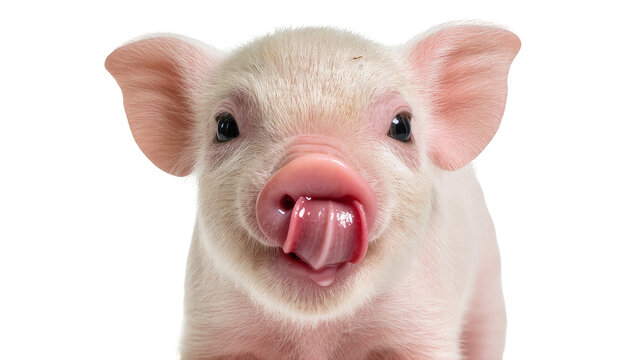 Adorable pink piglet with tongue out, isolated on transparent background