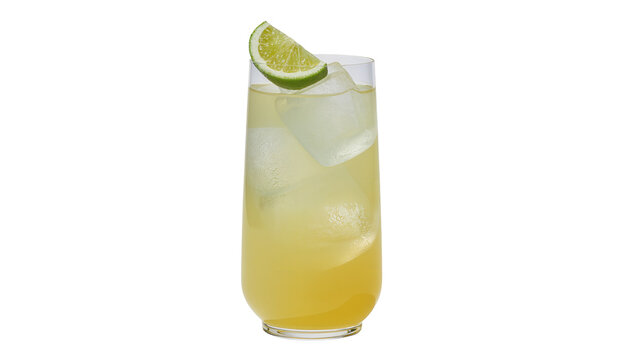 Tall glass of yellow lemonade with ice cubes and lime slice, isolated on transparent background