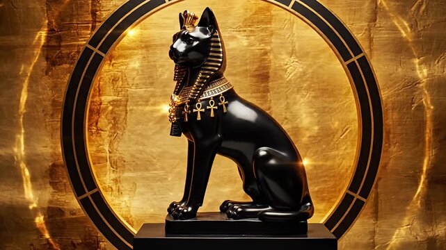 Black Egyptian cat statue with gold jewelry on golden background