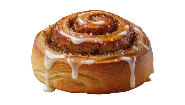 Golden brown cinnamon roll with white icing drizzle sprinkled with sugar, isolated on transparent background