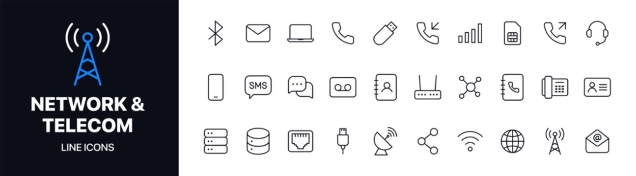 Clean network and telecom line icons vector set featuring communication, connectivity, mobile, and data symbols. Ideal for tech apps, websites, dashboards, and telecommunications platforms.