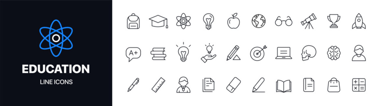 Clean education line icons vector set featuring school, learning, science, and academic symbols. Ideal for web design, apps, presentations, and educational platforms.